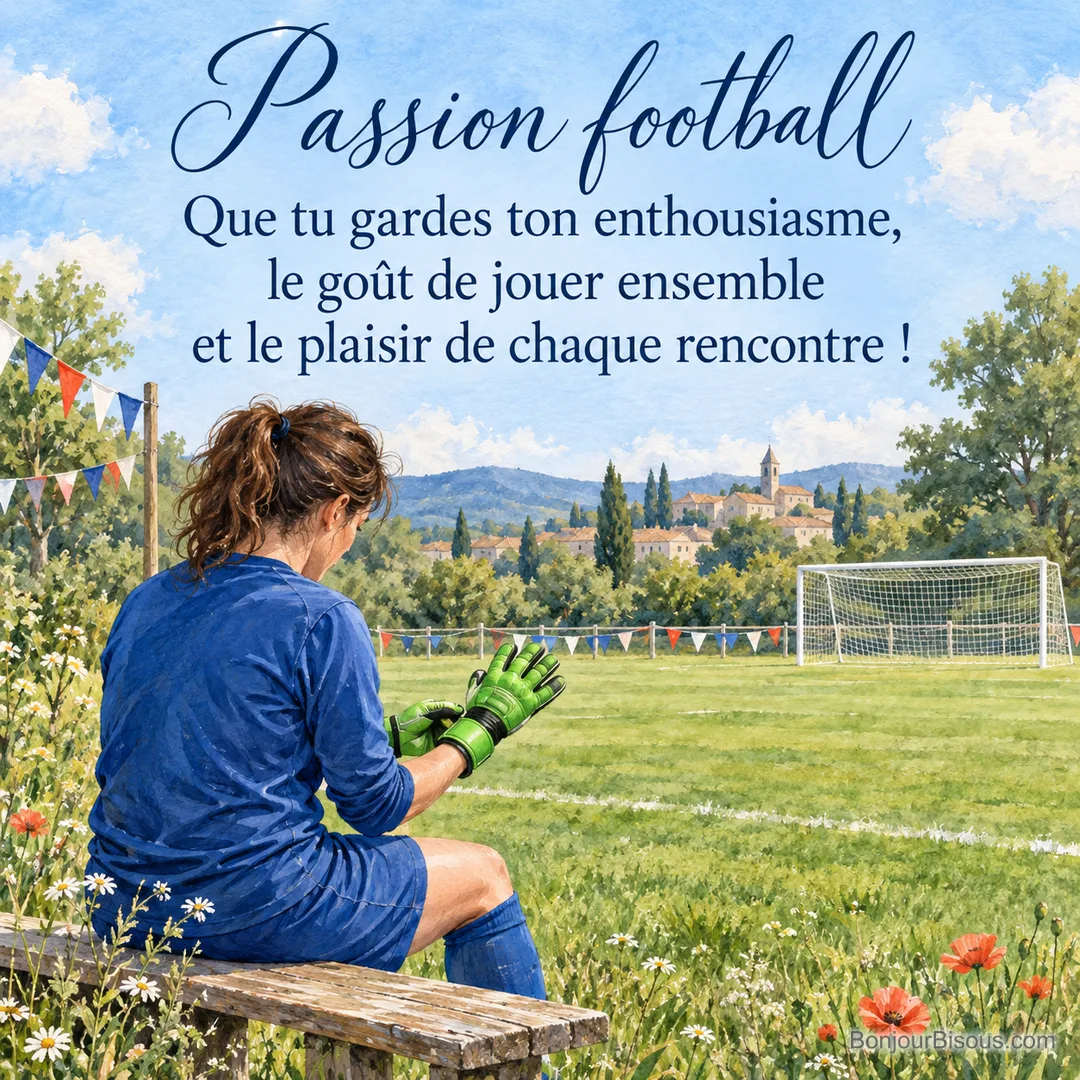 Une gardienne amateur ajuste ses gants au bord d’un terrain décoré de fanions, avec le message « Passion football Que tu gardes ton enthousiasme, le goût de jouer ensemble et le plaisir de chaque rencontre ! ». Une gardienne amateur ajuste ses gants au bord d’un terrain décoré de fanions, avec le message « Passion football Que tu gardes ton enthousiasme, le goût de jouer ensemble et le plaisir de chaque rencontre ! ».