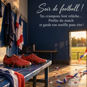 Une paire de chaussures à crampons rouges repose sur un banc bleu décoré pour une soirée de football, avec le message « Soir de football ! Tes crampons font relâche… Profite du match et garde ton souffle pour rire ! ».