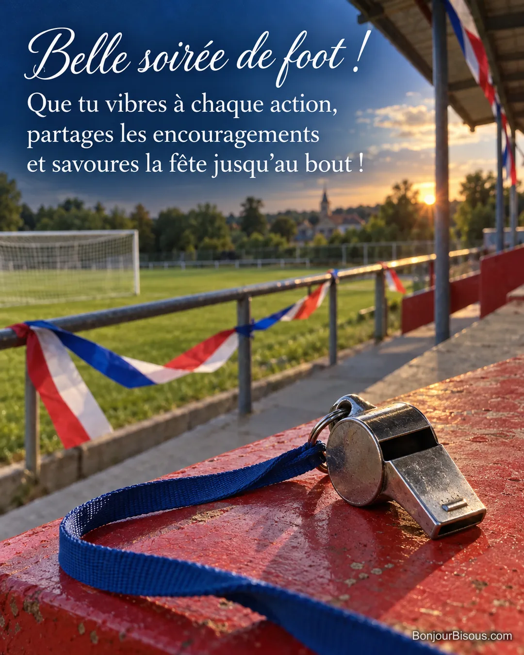 Un sifflet métallique à lanière bleue repose sur le rebord rouge d’une petite tribune décorée, avec le message « Belle soirée de foot ! Que tu vibres à chaque action, partages les encouragements et savoures la fête jusqu’au bout ! ». Un sifflet métallique à lanière bleue repose sur le rebord rouge d’une petite tribune décorée, avec le message « Belle soirée de foot ! Que tu vibres à chaque action, partages les encouragements et savoures la fête jusqu’au bout ! ».