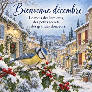 Peinture d’une mésange bleue posée sur du houx aux baies rouges sous la neige, devant une rue de village illuminée de guirlandes, avec le texte « Bienvenue décembre – Le mois des lumières, des petits secrets et des grandes douceurs. »