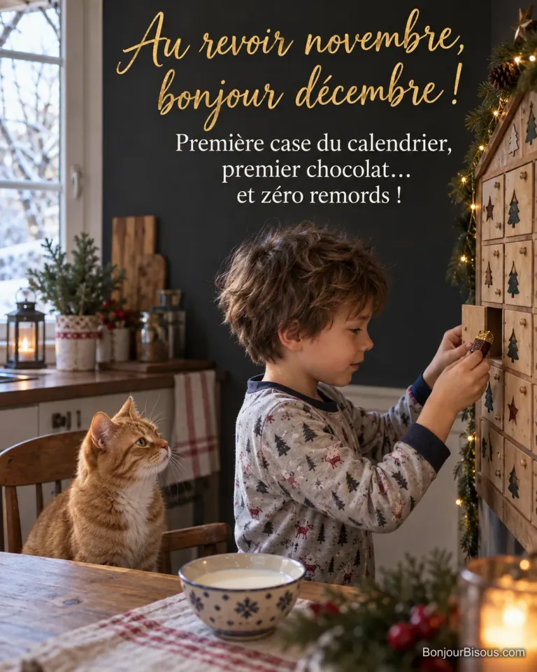Photo d’un garçon en pyjama qui sort un chocolat d’une case du calendrier de l’Avent en bois, un chat roux assis sur une chaise le regarde, avec le texte « Au revoir novembre, bonjour décembre ! Première case du calendrier, premier chocolat… et zéro remords ! »