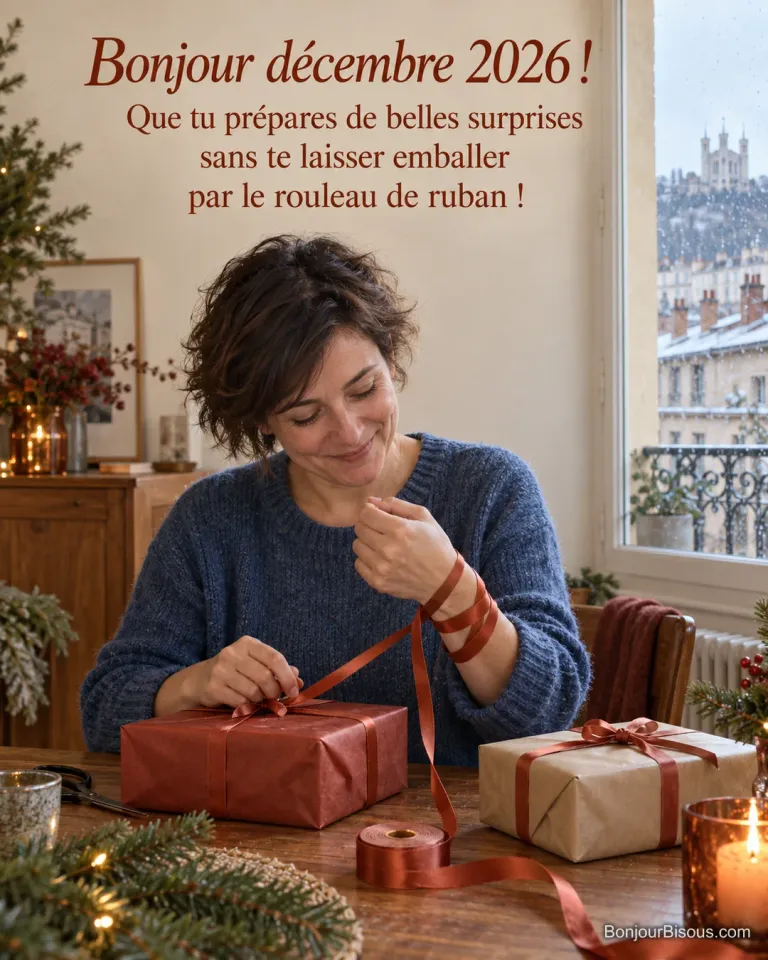 Une femme emballe deux cadeaux, un ruban enroulé autour du poignet, dans un appartement lyonnais, avec le texte « Bonjour décembre 2026 ! Que tu prépares de belles surprises sans te laisser emballer par le rouleau de ruban ! ».
