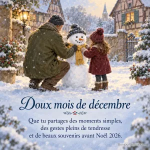 Un homme et une petite fille nouent une écharpe jaune autour d’un bonhomme de neige dans une cour alsacienne, avec le texte « Doux mois de décembre Que tu partages des moments simples, des gestes pleins de tendresse et de beaux souvenirs avant Noël 2026. ».