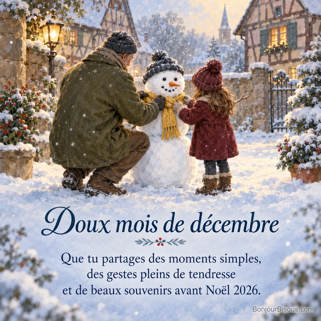 Un homme et une petite fille nouent une écharpe jaune autour d’un bonhomme de neige dans une cour alsacienne, avec le texte « Doux mois de décembre Que tu partages des moments simples, des gestes pleins de tendresse et de beaux souvenirs avant Noël 2026. ».