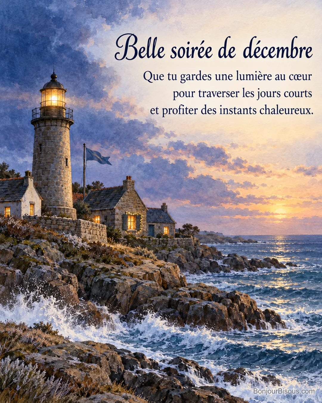 Un phare breton veille sur des maisons éclairées et les vagues d’un soir de décembre, avec le texte « Belle soirée de décembre Que tu gardes une lumière au cœur pour traverser les jours courts et profiter des instants chaleureux. ».