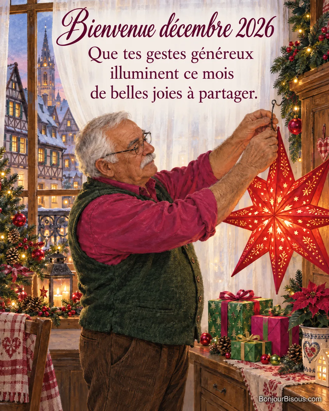 Un homme installe une étoile rouge en papier à sa fenêtre dans un intérieur alsacien décoré pour Noël, avec le texte « Bienvenue décembre 2026 Que tes gestes généreux illuminent ce mois de belles joies à partager. ».