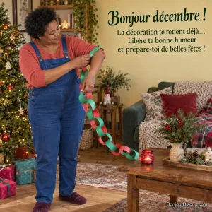 Une femme défait une chaîne de papier rouge et vert passée autour de son coude dans son salon décoré, avec le texte « Bonjour décembre ! La décoration te retient déjà… Libère ta bonne humeur et prépare-toi de belles fêtes ! ».
