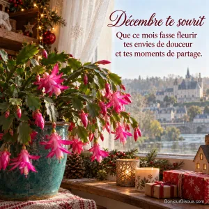 Un cactus de Noël aux fleurs fuchsia anime une fenêtre entourée de décorations et de cadeaux colorés, avec le texte « Décembre te sourit Que ce mois fasse fleurir tes envies de douceur et tes moments de partage. ».