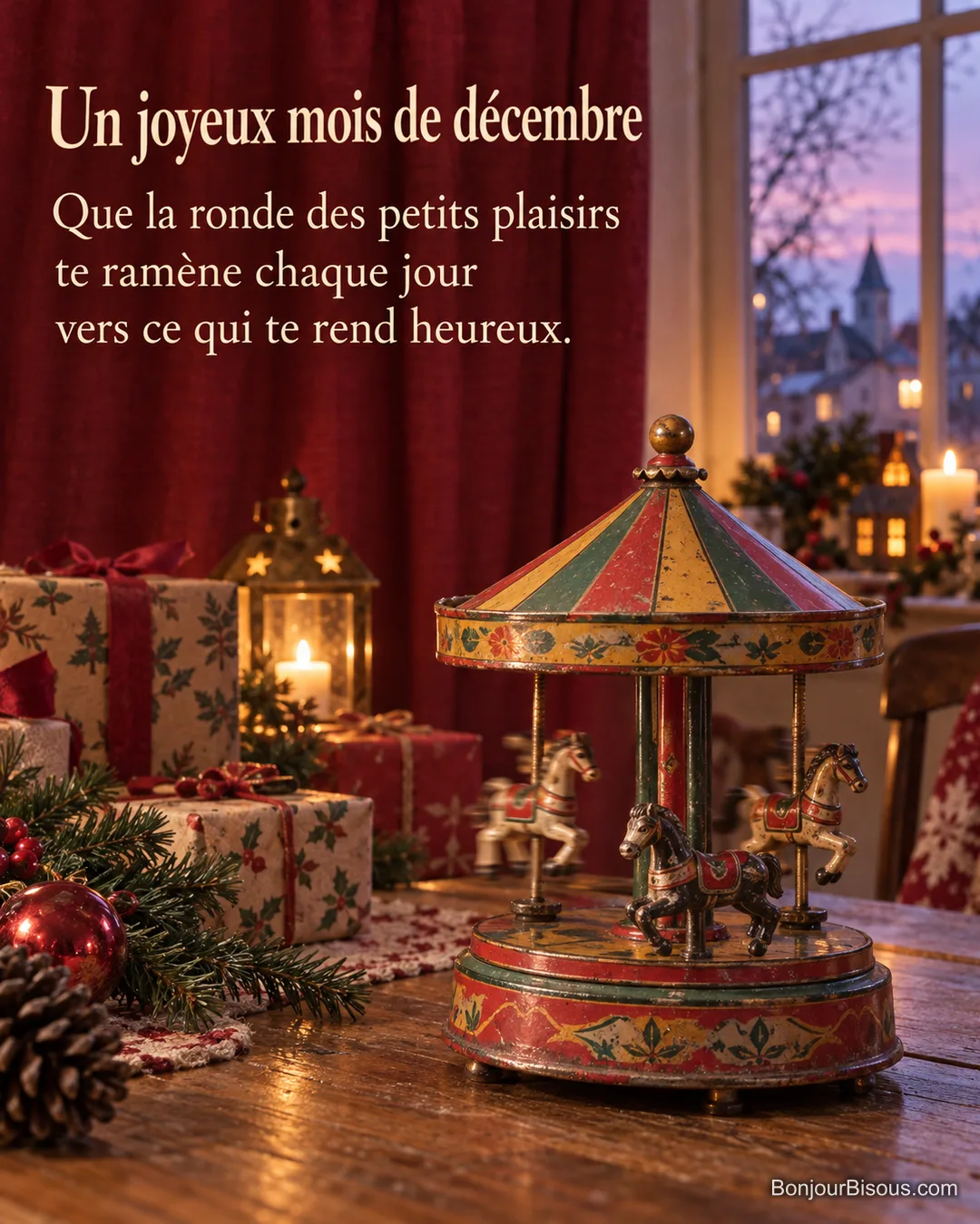 Un petit manège mécanique rouge et vert tourne parmi les cadeaux et les décorations de décembre, avec le texte « Un joyeux mois de décembre Que la ronde des petits plaisirs te ramène chaque jour vers ce qui te rend heureux. ».