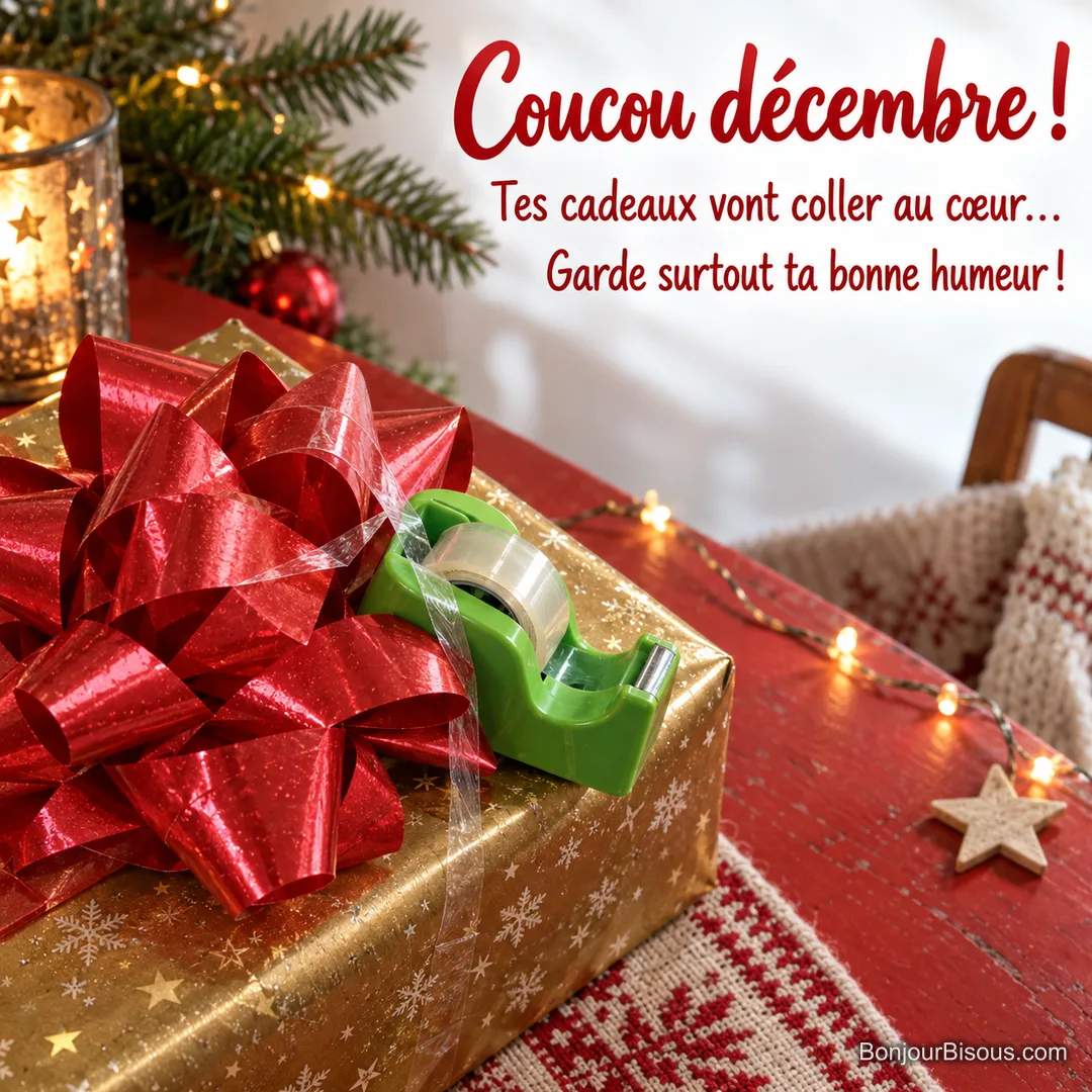 Un dévidoir vert est resté collé au gros nœud rouge d’un paquet doré, parmi des lumières de Noël, avec le texte « Coucou décembre ! Tes cadeaux vont coller au cœur… Garde surtout ta bonne humeur ! ».
