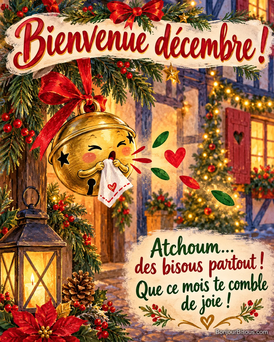Un grelot doré éternue cinq confettis rouges et verts en tenant un mouchoir, dans un décor de Noël coloré, avec le texte « Bienvenue décembre ! Atchoum… des bisous partout ! Que ce mois te comble de joie ! ».