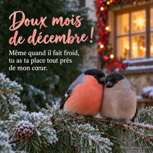Deux bouvreuils de couleurs différentes se blottissent sur une branche de pin givrée devant une fenêtre décorée pour Noël, avec le texte « Doux mois de décembre ! Même quand il fait froid, tu as ta place tout près de mon cœur. ».