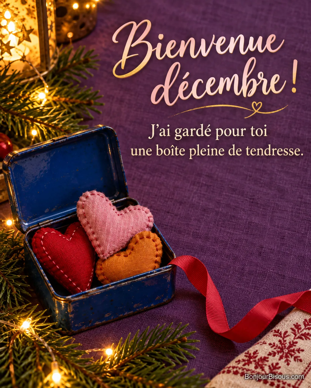 Une boîte bleue ouverte contient trois cœurs de tissu colorés, entourés de branches de sapin et de lumières de Noël, avec le texte « Bienvenue décembre ! J’ai gardé pour toi une boîte pleine de tendresse. ».