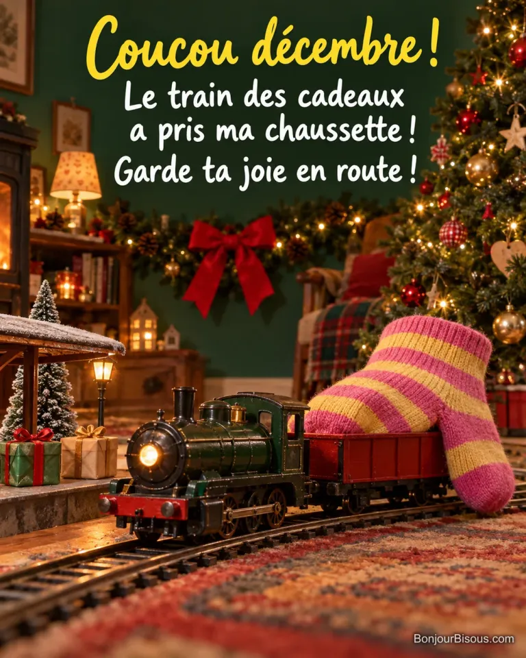 Un train électrique vert et rouge transporte une grande chaussette rayée entre les cadeaux et le sapin illuminé, avec le texte « Coucou décembre ! Le train des cadeaux a pris ma chaussette ! Garde ta joie en route ! ».