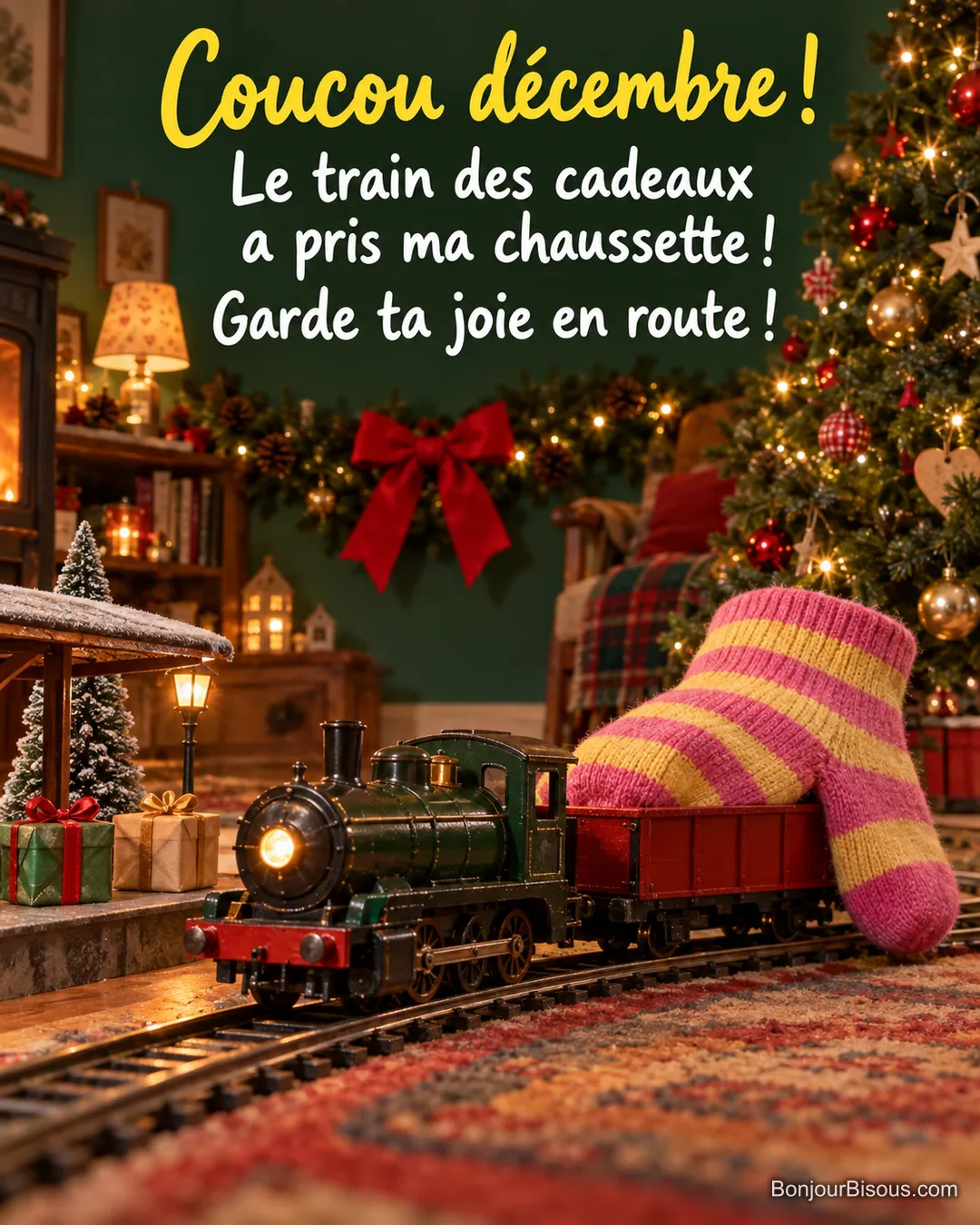 Un train électrique vert et rouge transporte une grande chaussette rayée entre les cadeaux et le sapin illuminé, avec le texte « Coucou décembre ! Le train des cadeaux a pris ma chaussette ! Garde ta joie en route ! ». Un train électrique vert et rouge transporte une grande chaussette rayée entre les cadeaux et le sapin illuminé, avec le texte « Coucou décembre ! Le train des cadeaux a pris ma chaussette ! Garde ta joie en route ! ».
