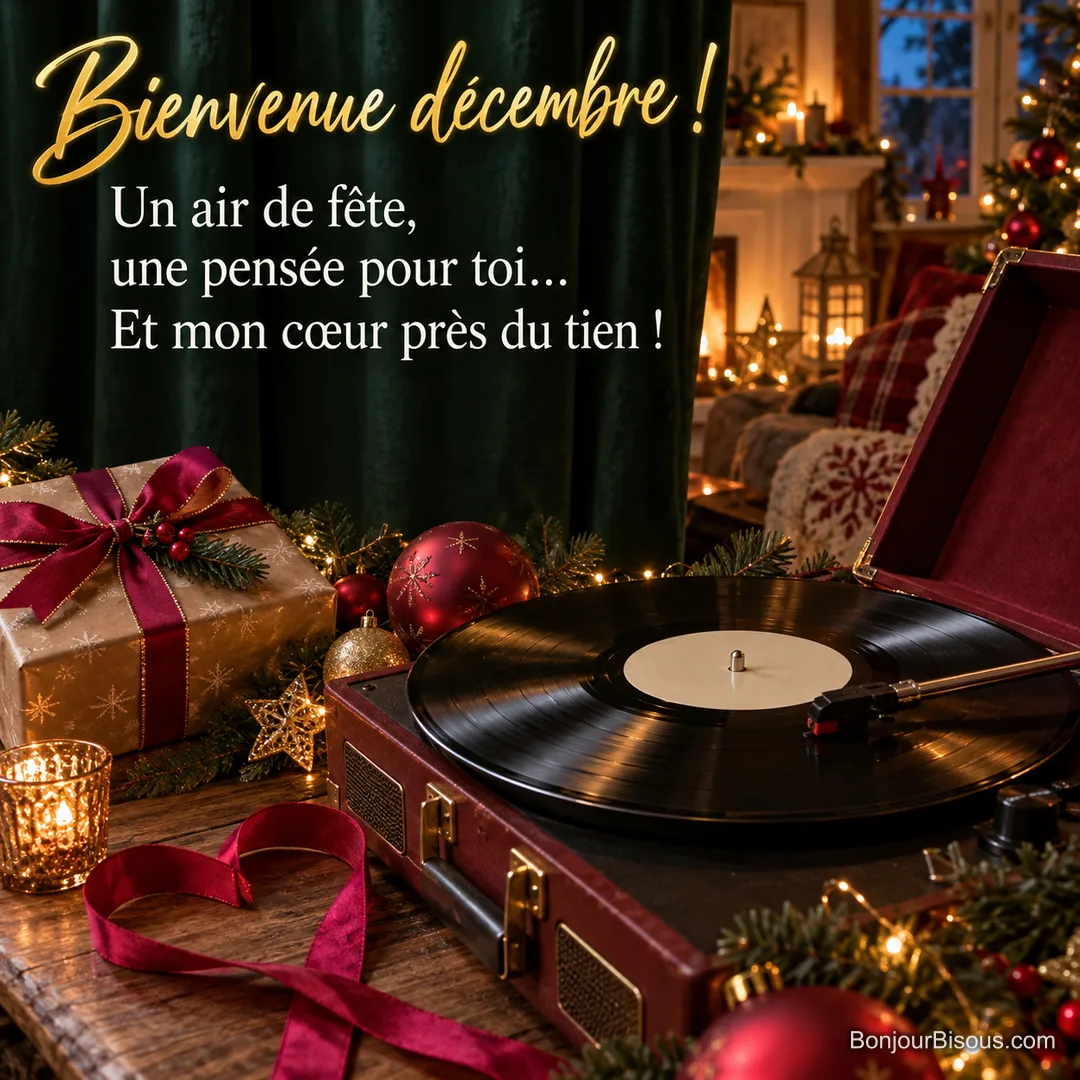 Un tourne-disque bordeaux joue un vinyle au milieu des rubans, d’un cadeau et de lumières de Noël rouges et dorées, avec le texte « Bienvenue décembre ! Un air de fête, une pensée pour toi… Et mon cœur près du tien ! ». Un tourne-disque bordeaux joue un vinyle au milieu des rubans, d’un cadeau et de lumières de Noël rouges et dorées, avec le texte « Bienvenue décembre ! Un air de fête, une pensée pour toi… Et mon cœur près du tien ! ».