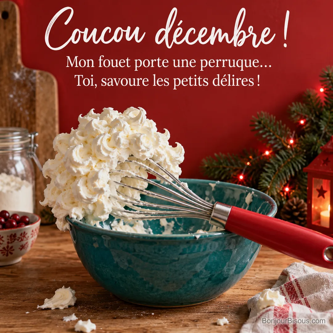 Un fouet de cuisine émerge d’un nuage de crème fouettée qui ressemble à une énorme perruque. Le message est : « Coucou décembre ! Mon fouet porte une perruque… Toi, savoure les petits délires ! ». Un fouet de cuisine émerge d’un nuage de crème fouettée qui ressemble à une énorme perruque. Le message est : « Coucou décembre ! Mon fouet porte une perruque… Toi, savoure les petits délires ! ».