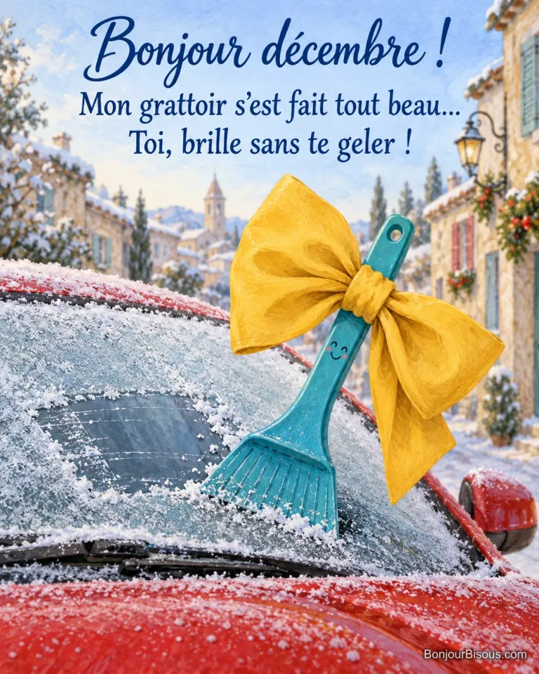 Un grattoir à givre turquoise porte un nœud papillon démesuré devant une vitre givrée. Le message est : « Bonjour décembre ! Mon grattoir s’est fait tout beau… Toi, brille sans te geler ! ».