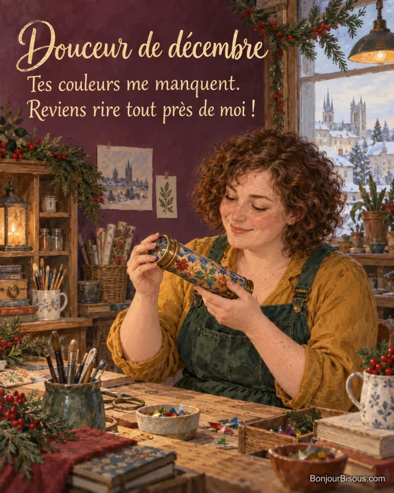 Une femme ajuste un kaléidoscope artisanal offert par une amie dans un atelier décoré pour décembre. Le message est : « Douceur de décembre Tes couleurs me manquent. Reviens rire tout près de moi ! ».