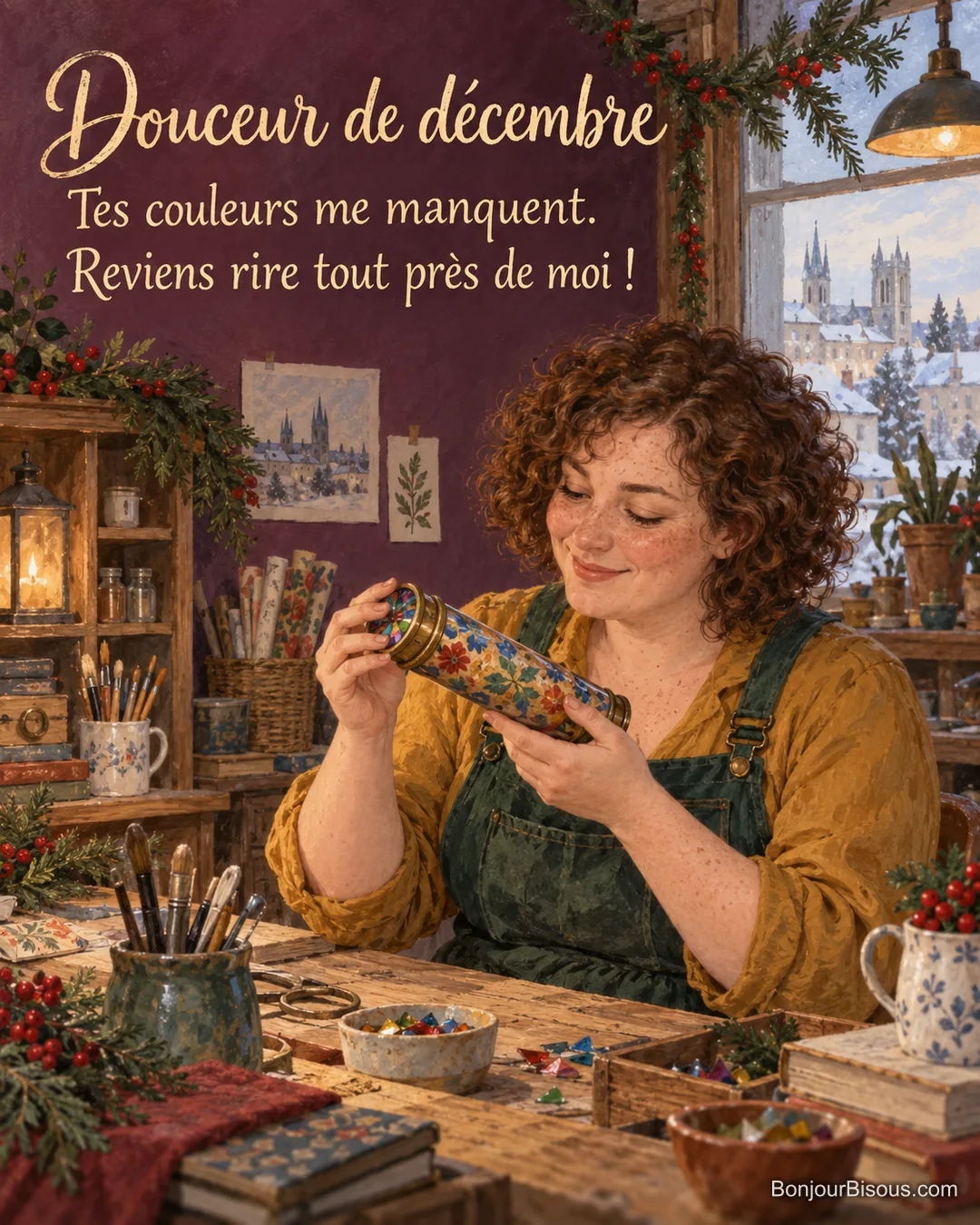 Une femme ajuste un kaléidoscope artisanal offert par une amie dans un atelier décoré pour décembre. Le message est : « Douceur de décembre Tes couleurs me manquent. Reviens rire tout près de moi ! ». Une femme ajuste un kaléidoscope artisanal offert par une amie dans un atelier décoré pour décembre. Le message est : « Douceur de décembre Tes couleurs me manquent. Reviens rire tout près de moi ! ».