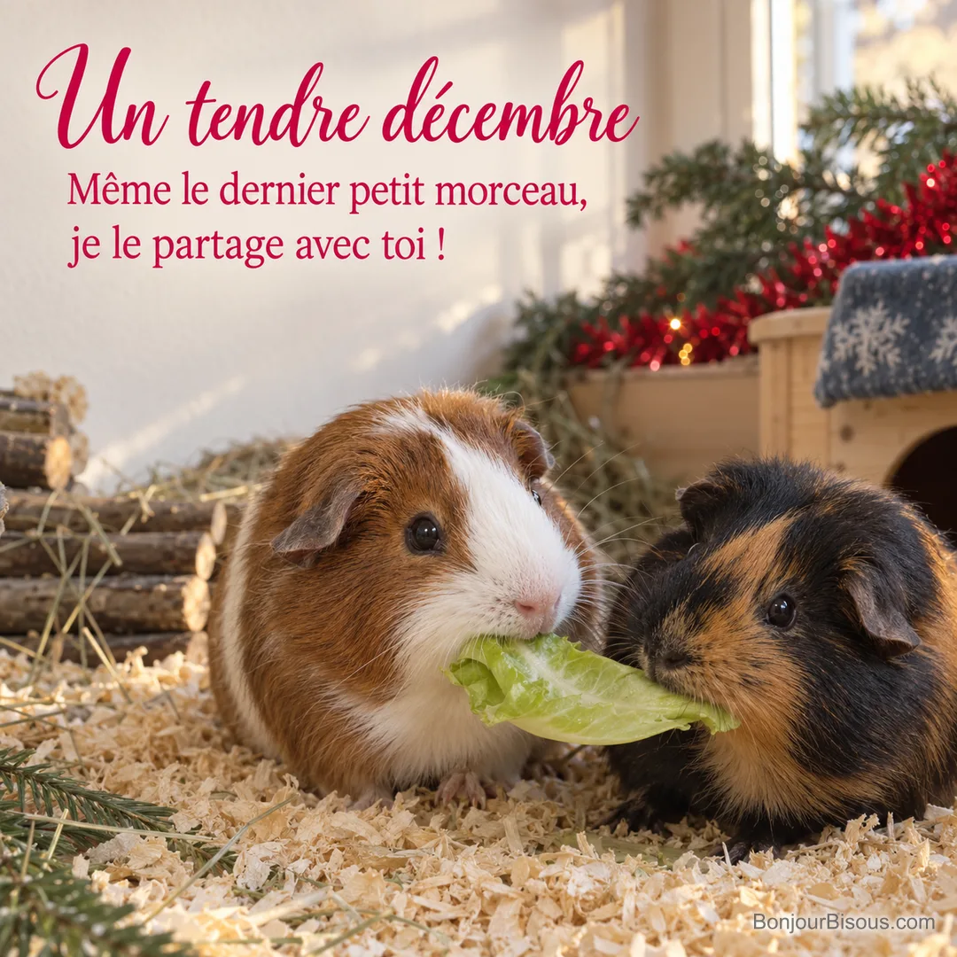 Deux cochons d’Inde de pelages différents grignotent ensemble une feuille de salade près des décorations de décembre. Le message est : « Un tendre décembre Même le dernier petit morceau, je le partage avec toi ! ». Deux cochons d’Inde de pelages différents grignotent ensemble une feuille de salade près des décorations de décembre. Le message est : « Un tendre décembre Même le dernier petit morceau, je le partage avec toi ! ».