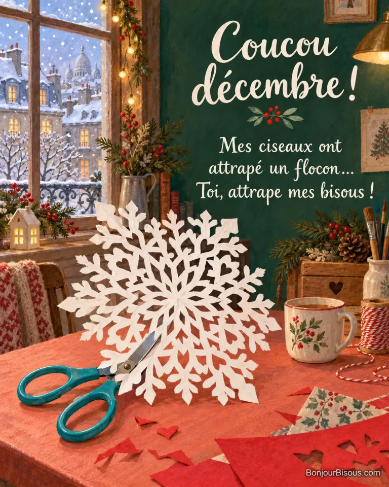 Une paire de ciseaux turquoise est presque cachée par un énorme flocon découpé en papier blanc. Le message est : « Coucou décembre ! Mes ciseaux ont attrapé un flocon… Toi, attrape mes bisous ! ».