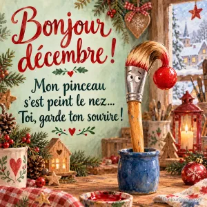Un pinceau de bricolage découvre un énorme nez rouge de peinture au milieu des préparatifs de décembre. Le message est : « Bonjour décembre ! Mon pinceau s’est peint le nez… Toi, garde ton sourire ! ».
