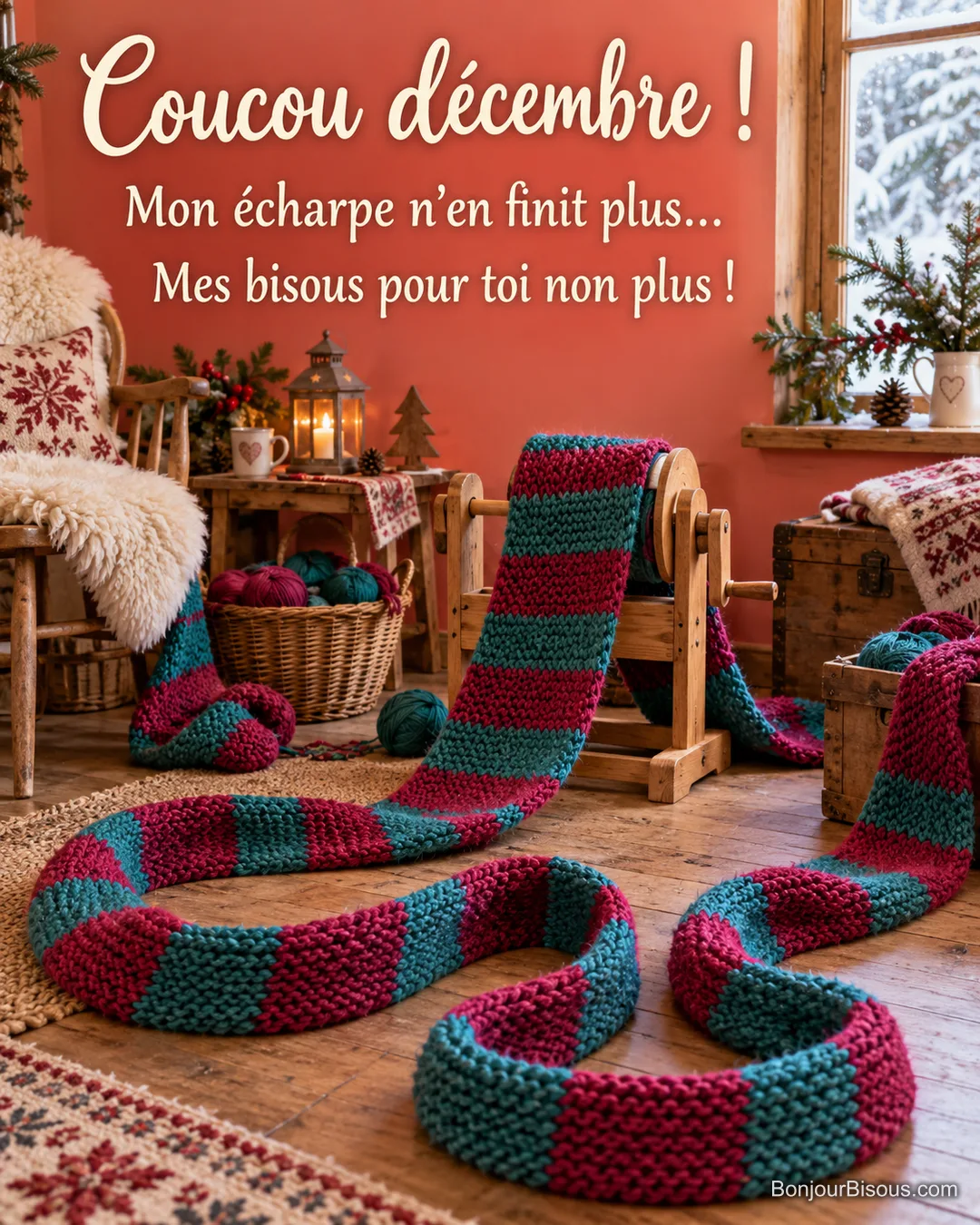 Un dévidoir de bois disparaît sous une très longue écharpe colorée qui forme trois grandes boucles au sol. Le message est : « Coucou décembre ! Mon écharpe n’en finit plus… Mes bisous pour toi non plus ! ». Un dévidoir de bois disparaît sous une très longue écharpe colorée qui forme trois grandes boucles au sol. Le message est : « Coucou décembre ! Mon écharpe n’en finit plus… Mes bisous pour toi non plus ! ».