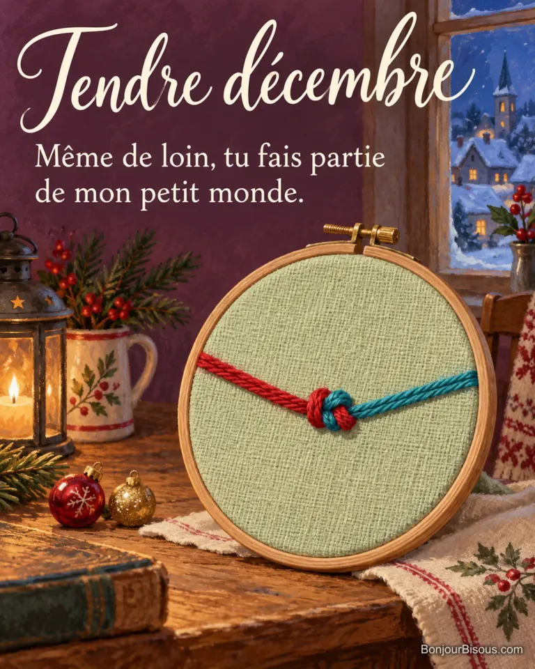 Un tambour à broder réunit deux fils rouges et turquoise dans un petit nœud, symbole d’un lien gardé malgré la distance. Le message est : « Tendre décembre Même de loin, tu fais partie de mon petit monde. ».