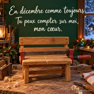 Un serre-joint rouge maintient la réparation d’un petit banc de bois, tendre promesse de soutien en décembre. Le message est : « En décembre comme toujours Tu peux compter sur moi, mon cœur. ».