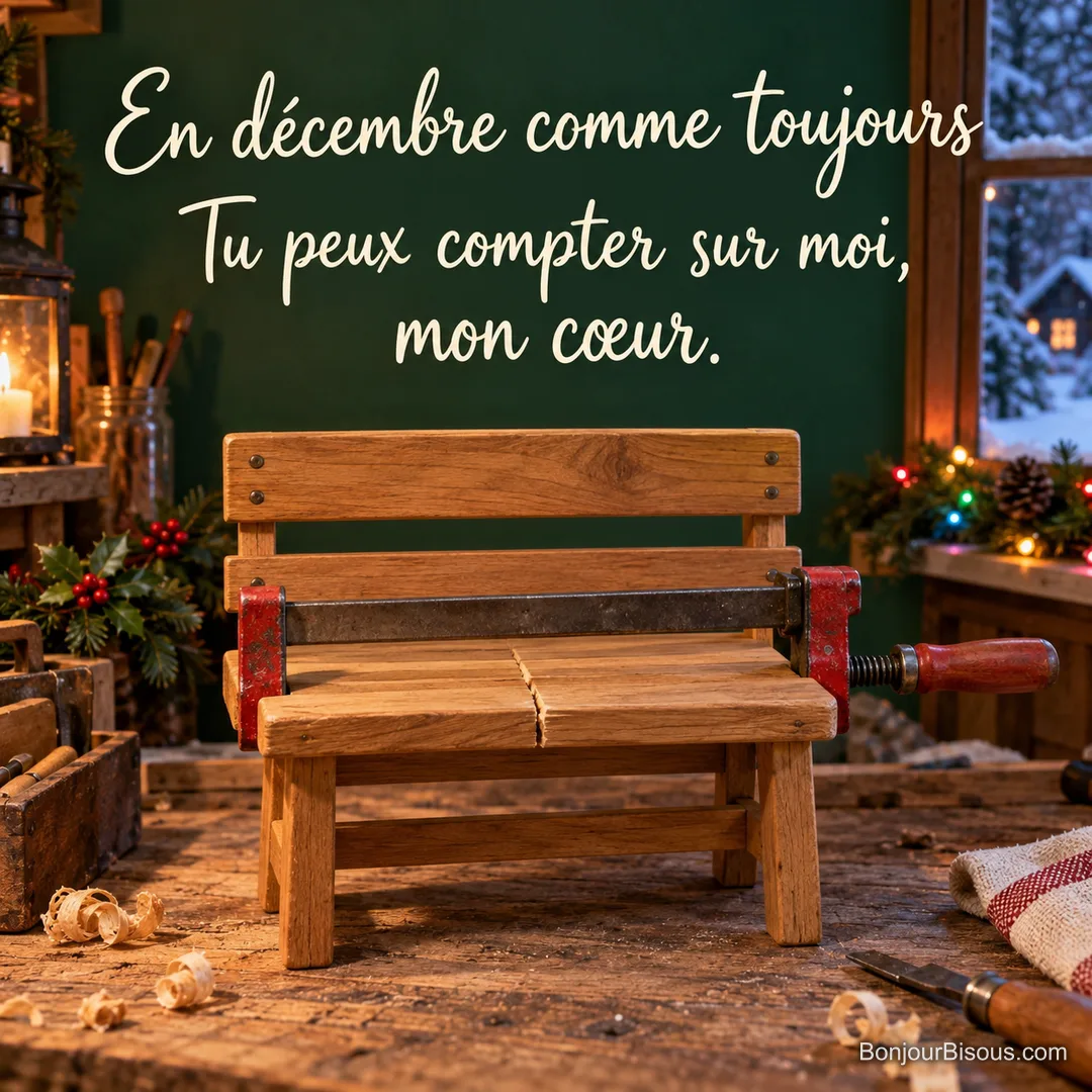Un serre-joint rouge maintient la réparation d’un petit banc de bois, tendre promesse de soutien en décembre. Le message est : « En décembre comme toujours Tu peux compter sur moi, mon cœur. ». Un serre-joint rouge maintient la réparation d’un petit banc de bois, tendre promesse de soutien en décembre. Le message est : « En décembre comme toujours Tu peux compter sur moi, mon cœur. ».