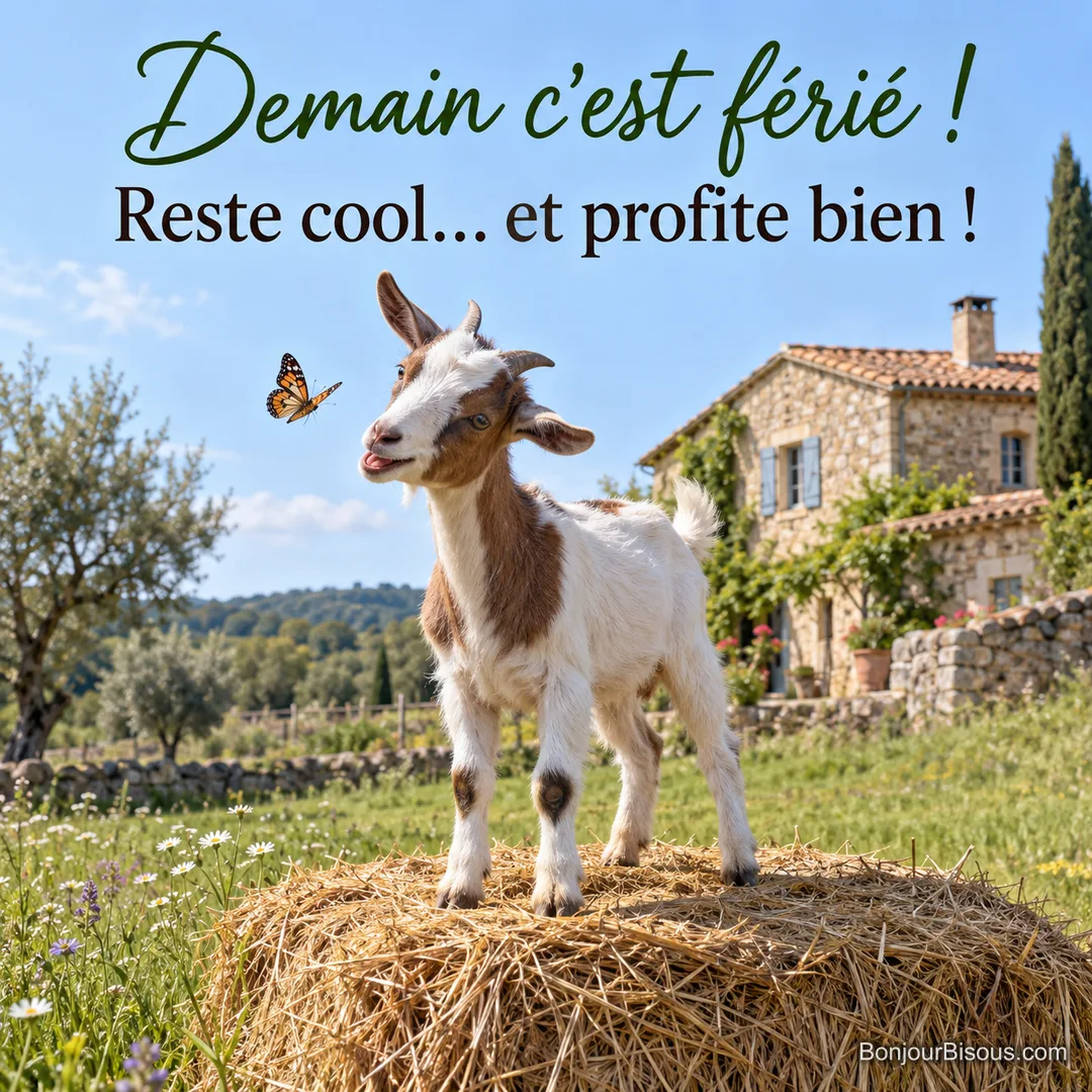 Photo d’un chevreau blanc et brun debout sur une botte de paille qui semble rire en regardant un papillon, devant un mas provençal, avec le texte « Demain c’est férié ! Reste cool… et profite bien ! » Photo d’un chevreau blanc et brun debout sur une botte de paille qui semble rire en regardant un papillon, devant un mas provençal, avec le texte « Demain c’est férié ! Reste cool… et profite bien ! »
