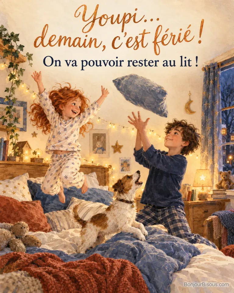 Peinture d’une fillette rousse en pyjama qui saute sur un lit, son grand frère lance un coussin et un chien aboie joyeusement dans une chambre aux guirlandes lumineuses, avec le texte « Youpi… demain, c’est férié ! On va pouvoir rester au lit ! »