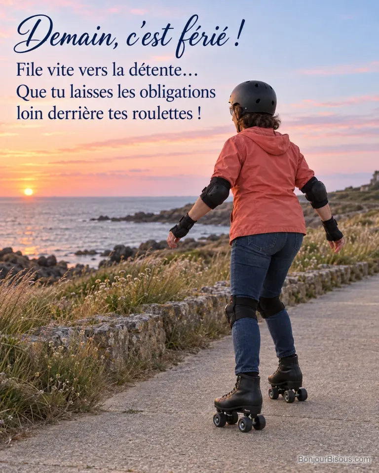 Une femme en patins à roulettes et protections longe la mer bretonne au coucher du soleil, avec le message « Demain, c’est férié ! File vite vers la détente… Que tu laisses les obligations loin derrière tes roulettes ! ».