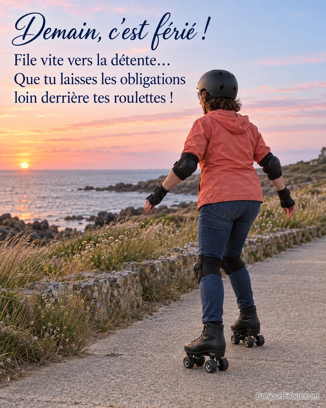Une femme en patins à roulettes et protections longe la mer bretonne au coucher du soleil, avec le message « Demain, c’est férié ! File vite vers la détente… Que tu laisses les obligations loin derrière tes roulettes ! ». Une femme en patins à roulettes et protections longe la mer bretonne au coucher du soleil, avec le message « Demain, c’est férié ! File vite vers la détente… Que tu laisses les obligations loin derrière tes roulettes ! ».