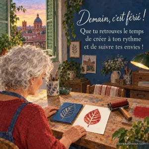 Une femme contemple une linogravure de feuille et son épreuve rouge dans un atelier coloré, avec le message « Demain, c’est férié ! Que tu retrouves le temps de créer à ton rythme et de suivre tes envies ! ».