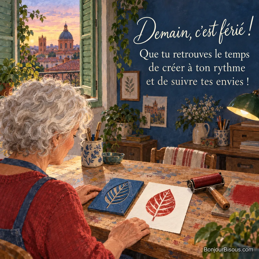 Une femme contemple une linogravure de feuille et son épreuve rouge dans un atelier coloré, avec le message « Demain, c’est férié ! Que tu retrouves le temps de créer à ton rythme et de suivre tes envies ! ». Une femme contemple une linogravure de feuille et son épreuve rouge dans un atelier coloré, avec le message « Demain, c’est férié ! Que tu retrouves le temps de créer à ton rythme et de suivre tes envies ! ».