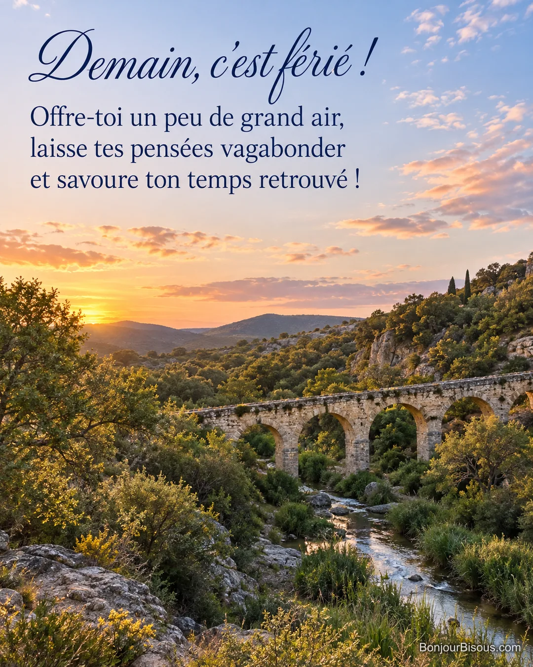 Un petit aqueduc de pierre traverse une vallée verdoyante au-dessus d’un ruisseau dans la lumière du soir, avec le message « Demain, c’est férié ! Offre-toi un peu de grand air, laisse tes pensées vagabonder et savoure ton temps retrouvé ! ». Un petit aqueduc de pierre traverse une vallée verdoyante au-dessus d’un ruisseau dans la lumière du soir, avec le message « Demain, c’est férié ! Offre-toi un peu de grand air, laisse tes pensées vagabonder et savoure ton temps retrouvé ! ».