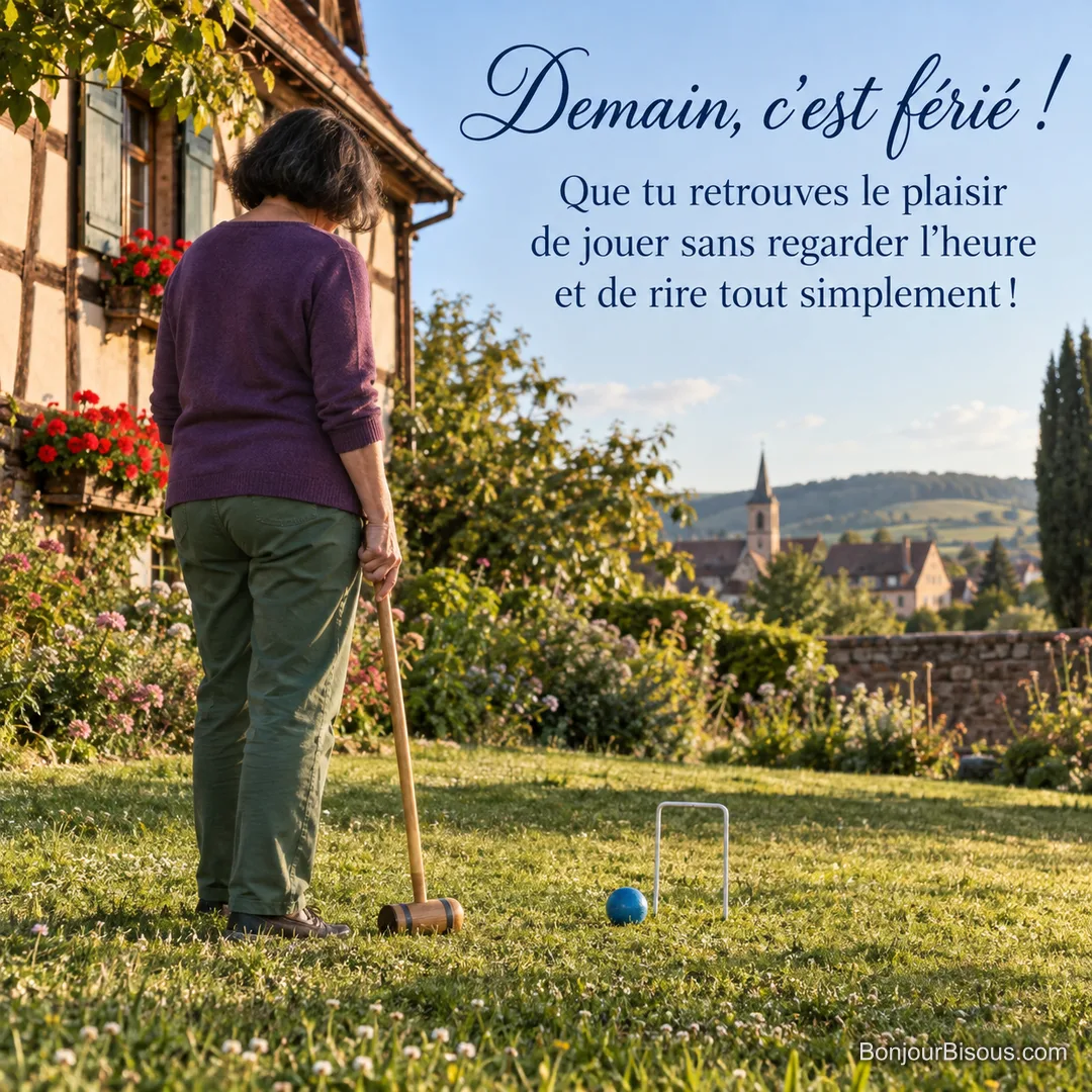 Une femme observe une boule bleue devant un arceau de croquet dans un jardin alsacien, avec le message « Demain, c’est férié ! Que tu retrouves le plaisir de jouer sans regarder l’heure et de rire tout simplement ! ». Une femme observe une boule bleue devant un arceau de croquet dans un jardin alsacien, avec le message « Demain, c’est férié ! Que tu retrouves le plaisir de jouer sans regarder l’heure et de rire tout simplement ! ».