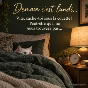 Photo d’un chat blanc caché sous une couette dont seuls les oreilles et les yeux dépassent, à côté d’une lampe de chevet et d’un réveil, avec le texte « Demain c’est lundi… Vite, cache-toi sous la couette ! Peut-être qu’il ne nous trouvera pas… »