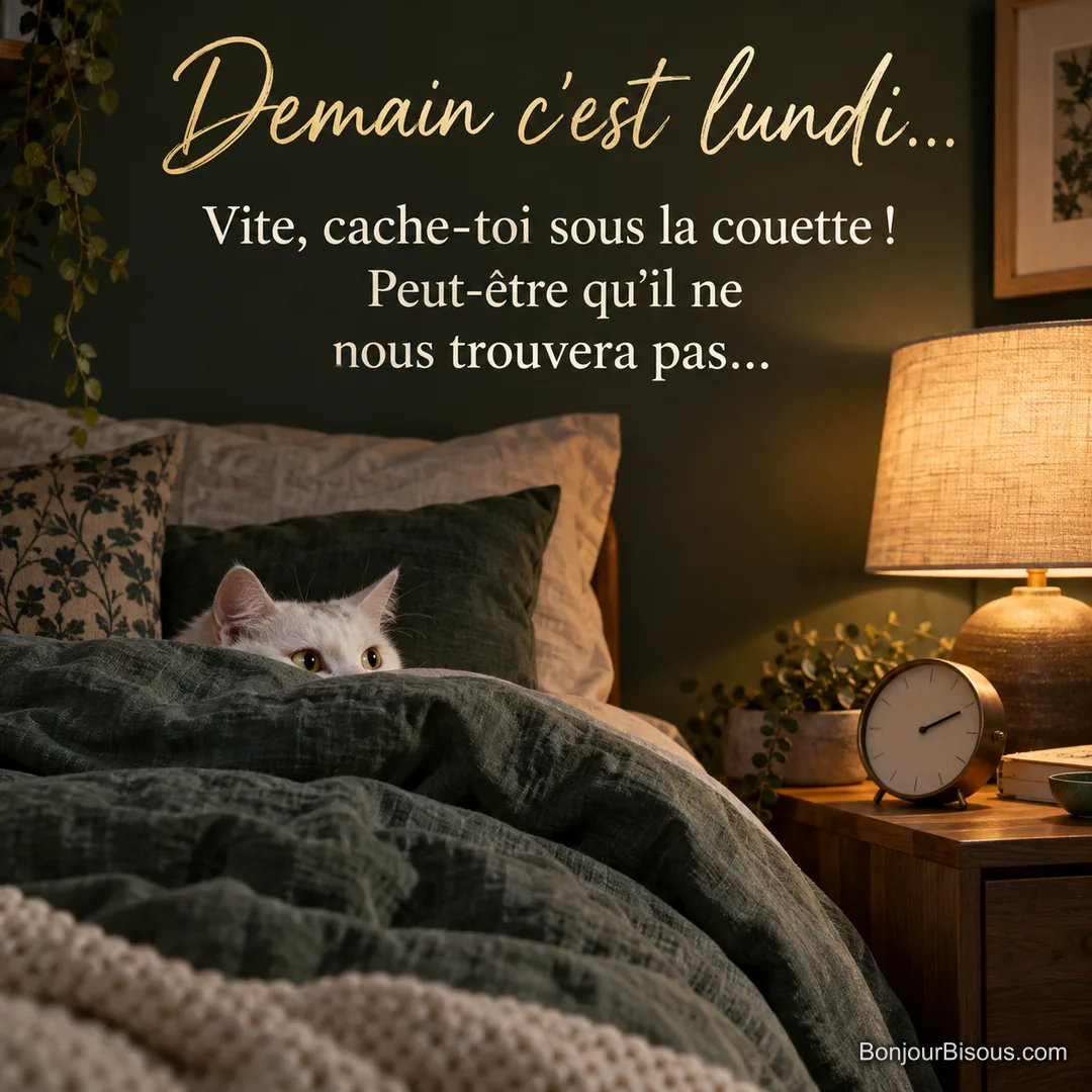 Photo d’un chat blanc caché sous une couette dont seuls les oreilles et les yeux dépassent, à côté d’une lampe de chevet et d’un réveil, avec le texte « Demain c’est lundi… Vite, cache-toi sous la couette ! Peut-être qu’il ne nous trouvera pas… »