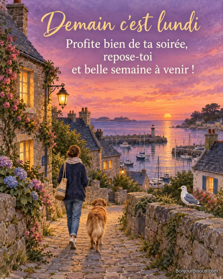 Peinture d’une femme et de son chien vus de dos dans une ruelle de granit qui descend vers un port breton au coucher du soleil, une mouette sur le muret, avec le texte « Demain c’est lundi – Profite bien de ta soirée, repose-toi et belle semaine à venir ! »