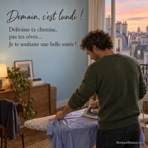 Un homme repasse une chemise dans un appartement parisien le dimanche soir, avec le texte « Demain, c’est lundi ! Défroisse ta chemise, pas tes rêves… Je te souhaite une belle soirée ! ».