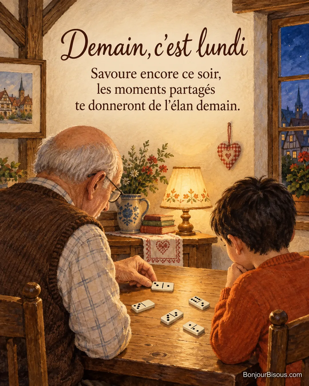 Un grand-père et son petit-fils jouent aux dominos près d’une fenêtre alsacienne, avec le texte « Demain, c’est lundi Savoure encore ce soir, les moments partagés te donneront de l’élan demain. ». Un grand-père et son petit-fils jouent aux dominos près d’une fenêtre alsacienne, avec le texte « Demain, c’est lundi Savoure encore ce soir, les moments partagés te donneront de l’élan demain. ».
