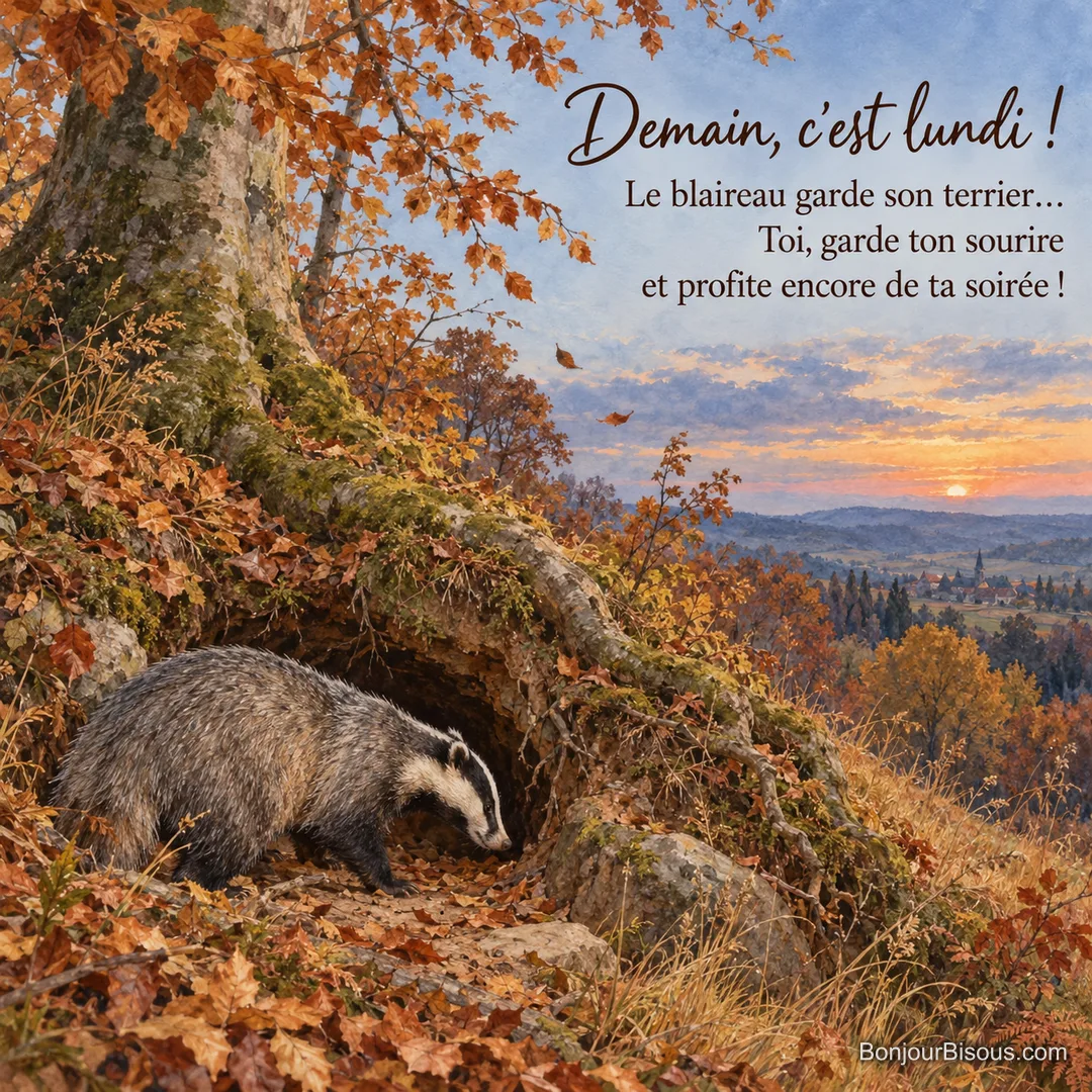Un blaireau s’installe à l’entrée de son terrier dans un sous-bois au crépuscule, avec le texte « Demain, c’est lundi ! Le blaireau garde son terrier… Toi, garde ton sourire et profite encore de ta soirée ! ». Un blaireau s’installe à l’entrée de son terrier dans un sous-bois au crépuscule, avec le texte « Demain, c’est lundi ! Le blaireau garde son terrier… Toi, garde ton sourire et profite encore de ta soirée ! ».