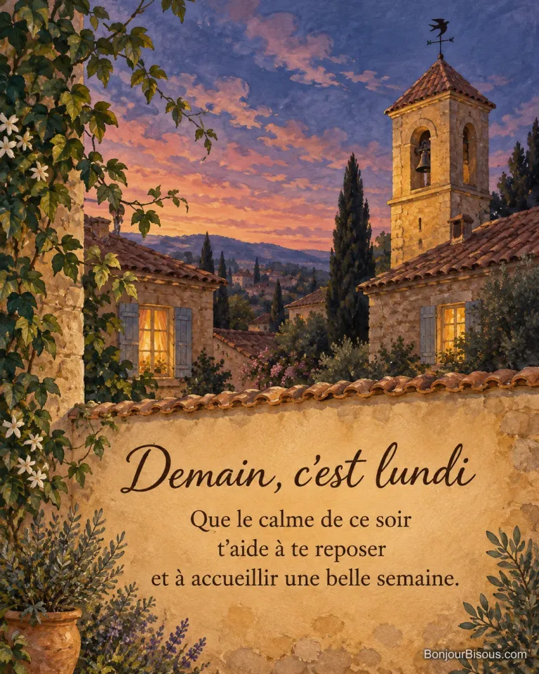 Un clocher de village se détache sur le ciel du dimanche soir, avec le texte « Demain, c’est lundi Que le calme de ce soir t’aide à te reposer et à accueillir une belle semaine. ».