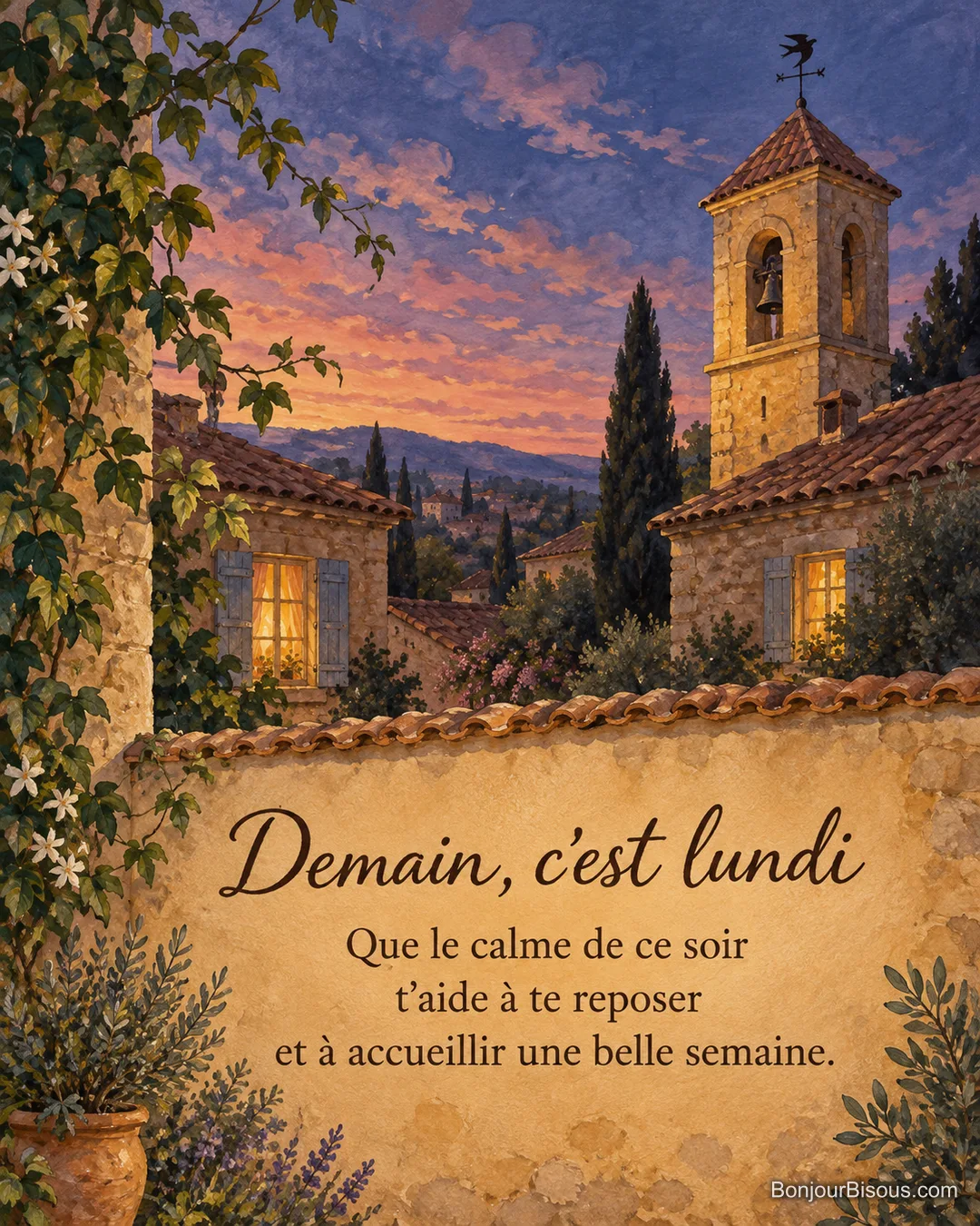 Un clocher de village se détache sur le ciel du dimanche soir, avec le texte « Demain, c’est lundi Que le calme de ce soir t’aide à te reposer et à accueillir une belle semaine. ». Un clocher de village se détache sur le ciel du dimanche soir, avec le texte « Demain, c’est lundi Que le calme de ce soir t’aide à te reposer et à accueillir une belle semaine. ».