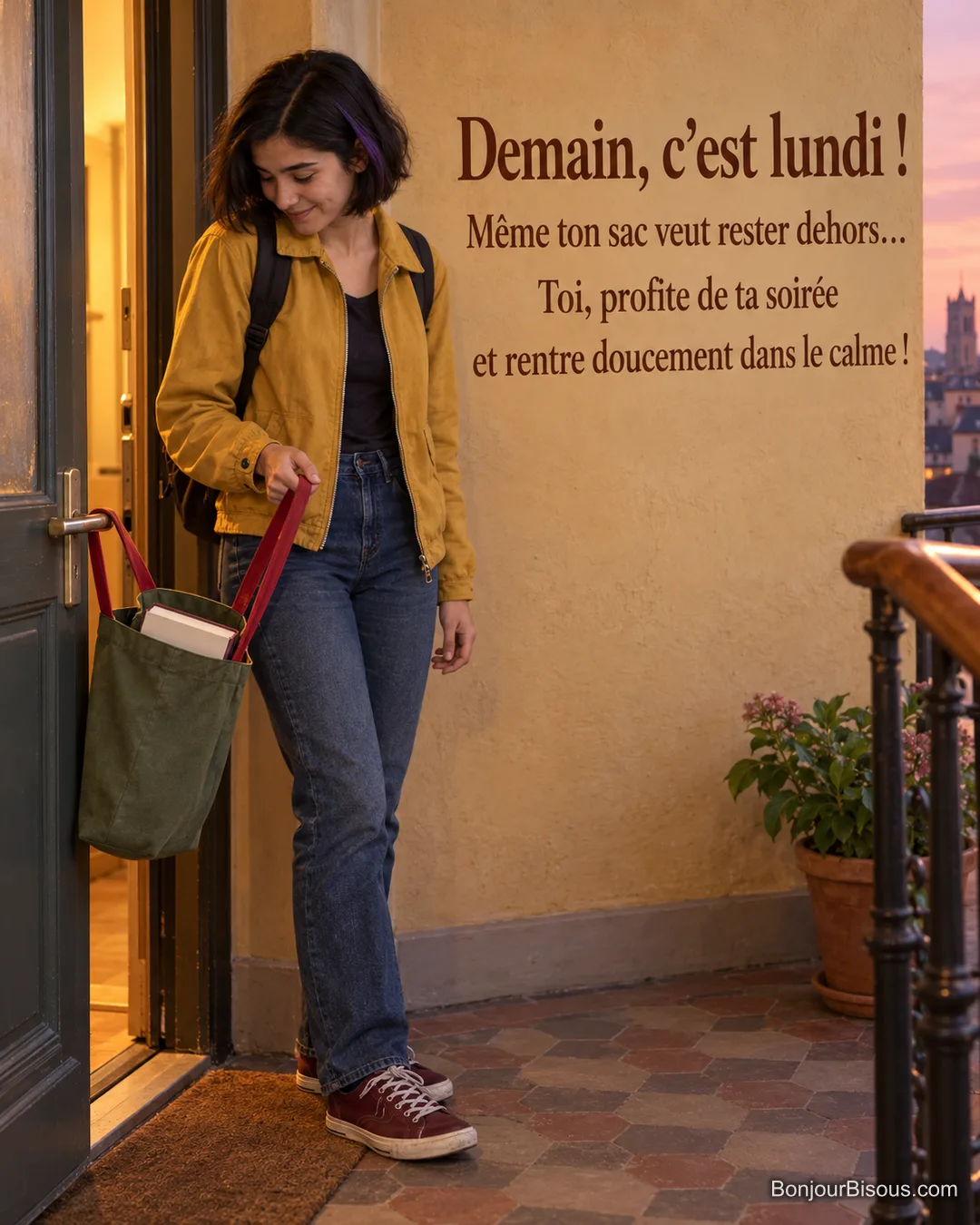 Une étudiante remarque que l’anse de son sac s’est accrochée à une poignée de porte sur son palier dijonnais, avec le texte « Demain, c’est lundi ! Même ton sac veut rester dehors… Toi, profite de ta soirée et rentre doucement dans le calme ! ». Une étudiante remarque que l’anse de son sac s’est accrochée à une poignée de porte sur son palier dijonnais, avec le texte « Demain, c’est lundi ! Même ton sac veut rester dehors… Toi, profite de ta soirée et rentre doucement dans le calme ! ».