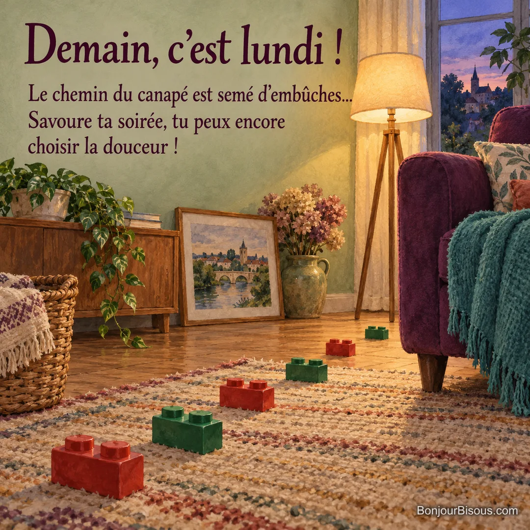 De grosses briques de construction rouges et vertes parsèment le tapis menant à un canapé prune dans la lumière du soir, avec le texte « Demain, c’est lundi ! Le chemin du canapé est semé d’embûches… Savoure ta soirée, tu peux encore choisir la douceur ! ». De grosses briques de construction rouges et vertes parsèment le tapis menant à un canapé prune dans la lumière du soir, avec le texte « Demain, c’est lundi ! Le chemin du canapé est semé d’embûches… Savoure ta soirée, tu peux encore choisir la douceur ! ».