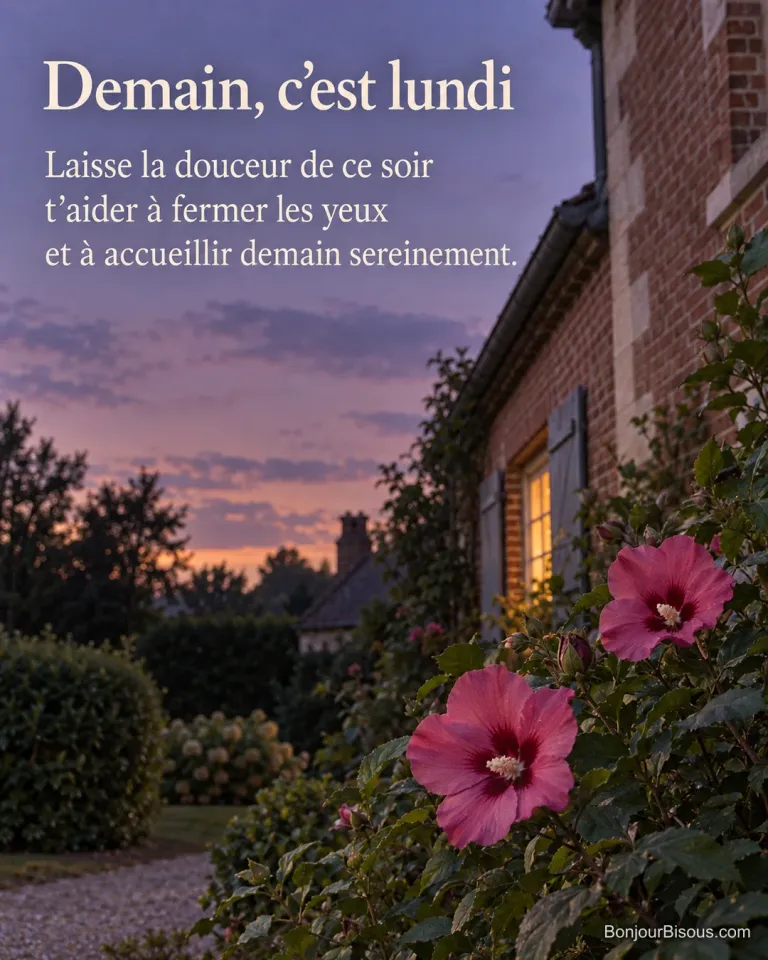 Les fleurs roses d’un althéa se détachent au crépuscule devant une maison picarde à la fenêtre éclairée, avec le texte « Demain, c’est lundi Laisse la douceur de ce soir t’aider à fermer les yeux et à accueillir demain sereinement. ».